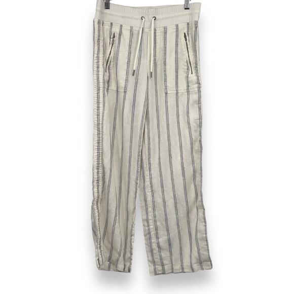 Athleta Cabo Tide Linen Wide Leg Pants Women’s 4 Cream Nautical Striped Beach - Picture 1 of 9